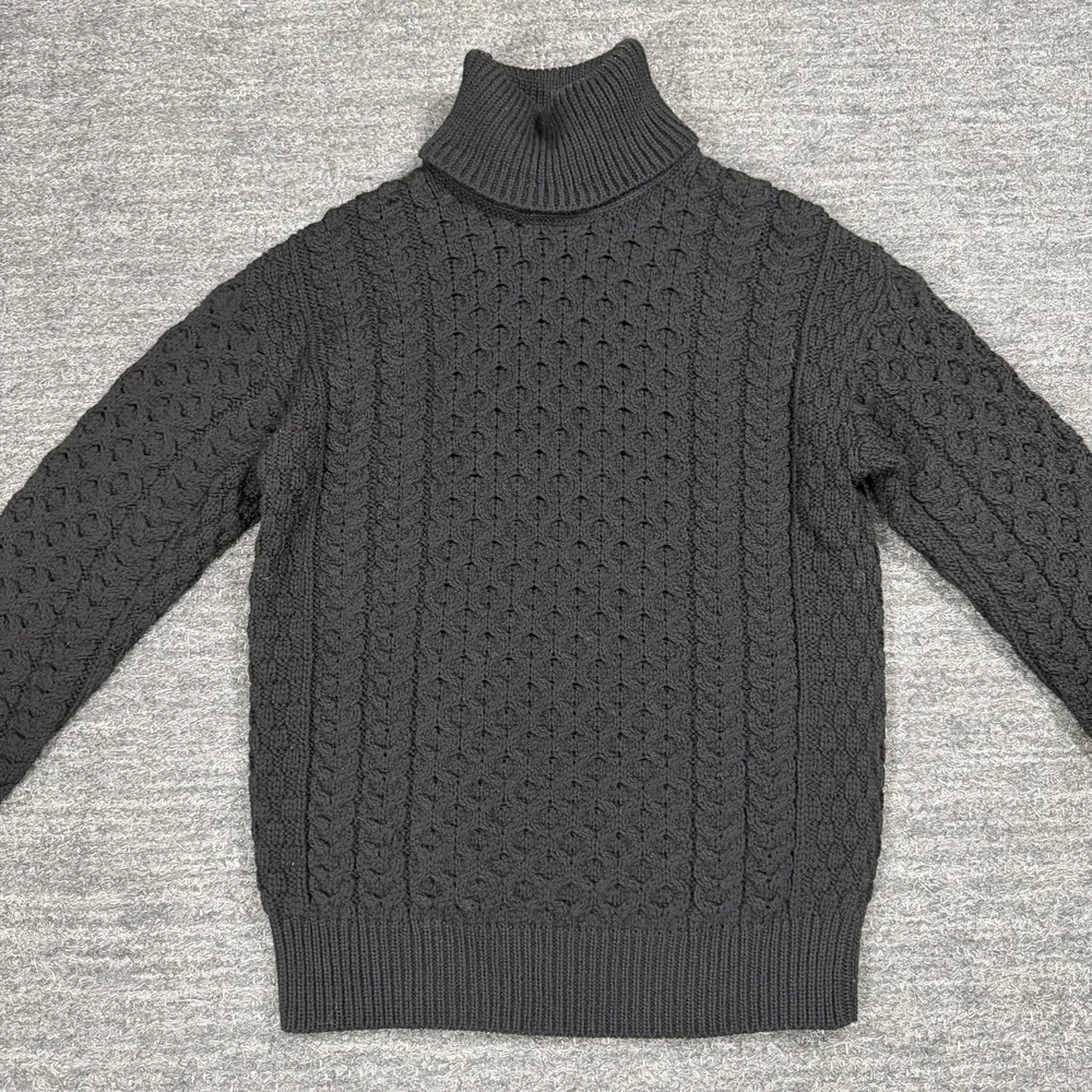 Aran Sweater Market Small Black Cable Knit Ireland Merino Wool Turtleneck Irish